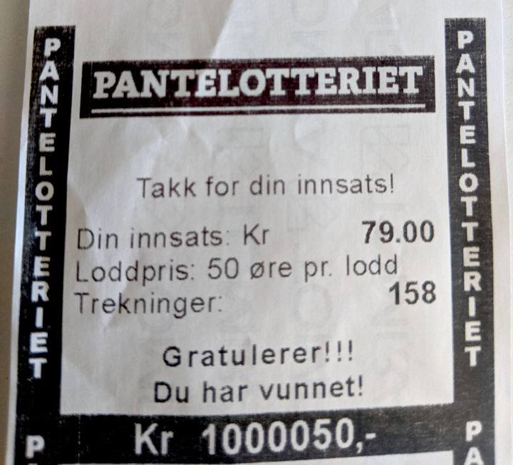 Slik ser pantelappen ut som viser at mannen fra Kristiansand er millionær. Summen viser at han vant to gevinster, en på én million og én på femti kroner. Foto: Privat