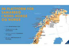 SYKKELSTAFETT: Ordførerne i Nord-Norge skal samarbeide om å frakte en sykkel fra Bindal sør i Nordland til Nordkapp i forbindelse med at Arctic Race of Norway fyller 10 år. Her er alle stedene som skal besøkes. Ill: ARN