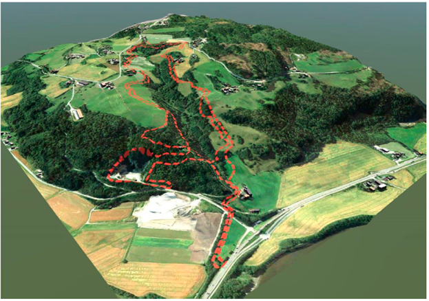Oversiktsillustrasjon som viser eksisterande landskapsrom der tiltaksområdet er avgrensa med stiplede linjer. Illustrasjon: SG Deponi AS