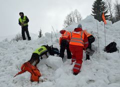 Røde Kors-mannskapar grev. Politiet sin spesialtrente hund markerer på noko. Foto: Lars Olve Hesjedal, Statens vegvesen