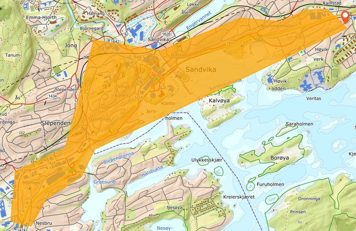 Foreløpig oversiktskart over områder der Statens vegvesen ønsker å gjennomføre grunnundersøkelser (Norgeskart.no, Kartverket)