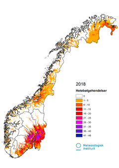 Kartet viser antall hetebølger i Norge sommeren 2018. Aldri før har det vært flere hetebølger her til lands. llustrasjon: Helga Therese Tilley Tajet og Mai-Linn Finstad Svehagen