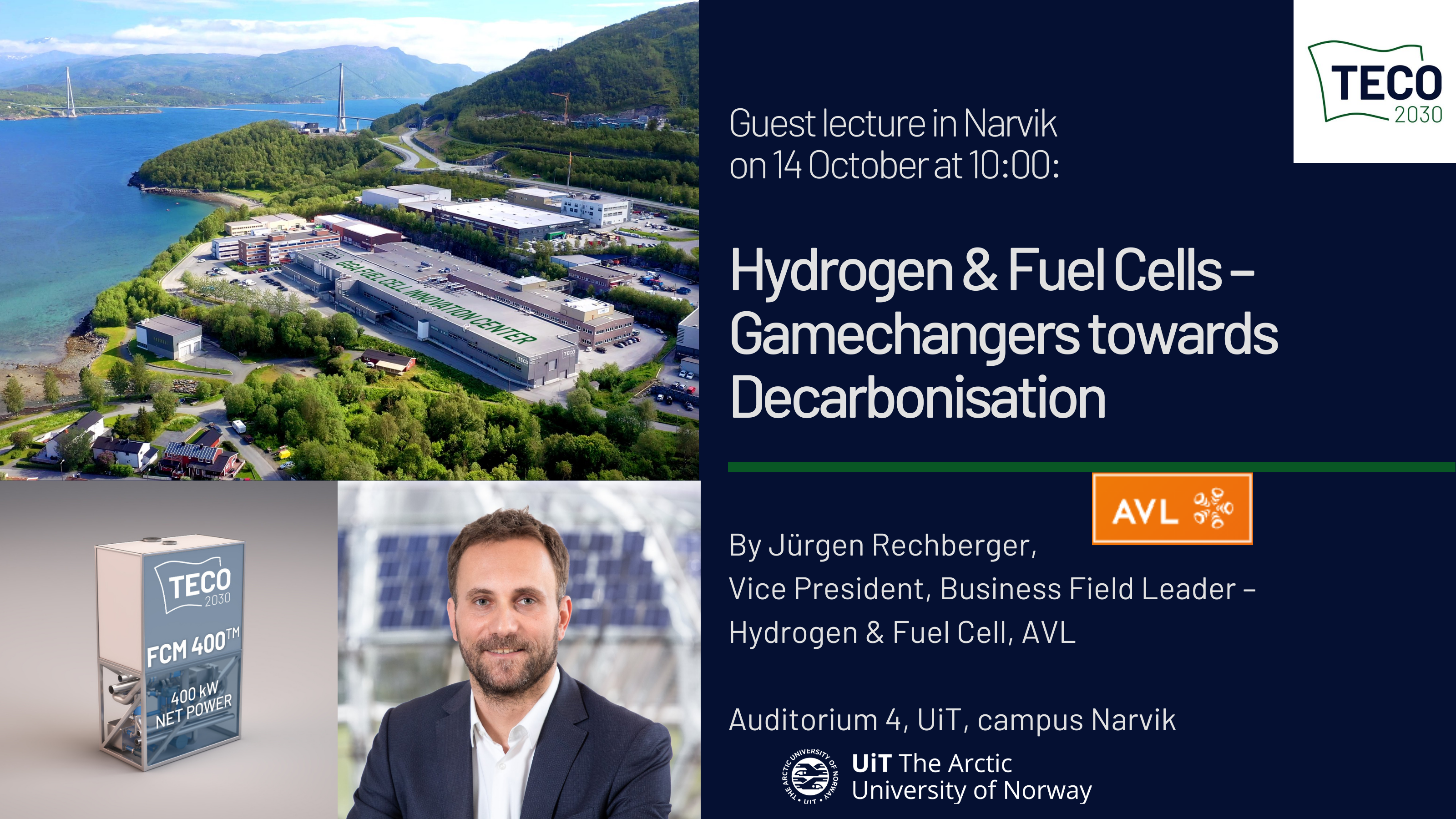 TECO 2030 inviterer til gjesteforelesning med Jürgen Rechberger fra AVL ved UiT i Narvik 14. oktober om hvordan hydrogen og brenselceller kan bidra til utslippskutt.