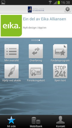 Screenshot av mobilapp "Lokalbank i lomma" på nynorsk.