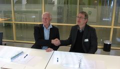 adm. dir i Statsbygg. Øyvind Christoffersen, og regiondirektør i Skanska, Svend-Harald Maalen.