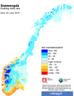 Endring i snømengde siste uke. 24. mars 2010. Hele Norge. Kilde: www.senorge.no