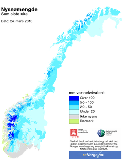 Nysnømende siste uke. 24. mars 2010. Hele Norge. Kilde: www.senorge.no