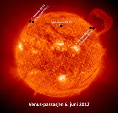 Venus3a.jpg: Venus passerer i løpet av 7 timer over solskiven tidlig på dagen 6. juni. 
Foto: NASA, 