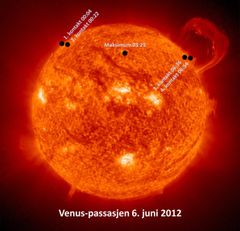 Venus3a.jpg: Venus passerer i løpet av 7 timer over solskiven tidlig på dagen 6. juni.
Foto: NASA,