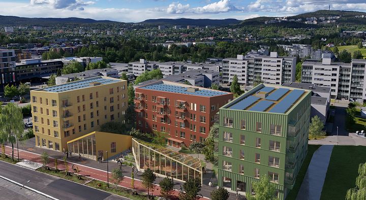 Boliger og nabolagshus i samme OBOS-prosjekt på Furuset i Oslo.