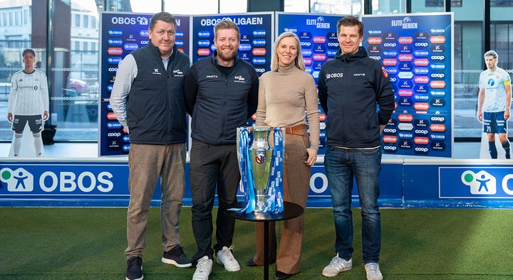 OBOS blir hovedsponsor for Eliteserien. Pål Breen, kommersiell leder NTF (t.v.), Jens Haugland, administrerende direktør NTF, Marianne Gjertsen Ebbesen, konsernsjef i OBOS og Rasmus Aarflot, sponsorsjef i OBOS.