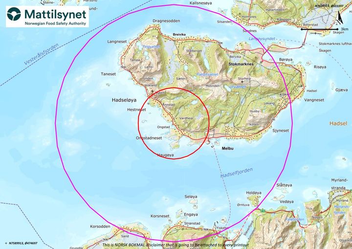 Oversikt over sonene, fugleinfluensa i Hadsel kommune, Nordland.