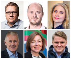 Disse skal lede byduellene med lokale politikere under Arendalsuka. Øverst fra venstre: Politisk redaktør Eirik Mosveen, Avisa Oslo (AO), sjefredaktør Sivert Rossing, Trønder-Avisa, politisk kommentator Maja Sojtaric, Nordlys, ansvarlig redaktør Gunnar Stavrum, Avisen Kristiansand KRS, sjefredaktør Katrine Strøm, Hamar Arbeiderblad (HA) og politisk redaktør Sølve Rydland, Bergensavisen (BA)