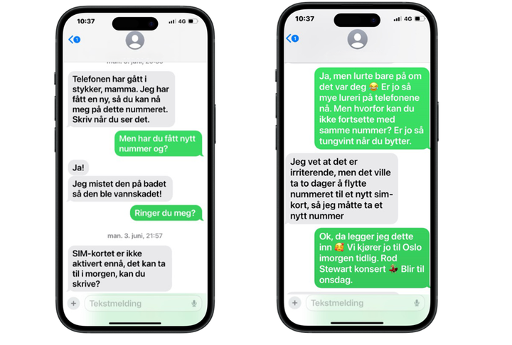 Skjermbilder av SMS-samtale mellom en mor og en svindler.