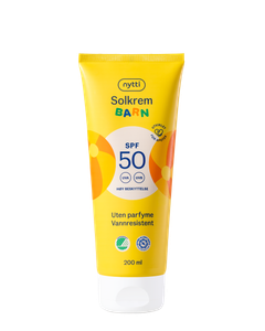 Nytti Solkrem Barn SPF50 200 ml En solkrem for barn fra Nytti med SPF50. Vannresistent, dermatologisk testet og uten parfyme. Svanemerket. Høy UVA og UVB beskyttelse. Allergisertifisert  Kr 129,90