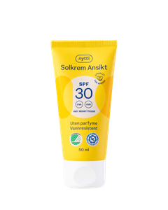 Nytti Solkrem Ansikt SPF30 50 ml En solkrem egnet til ansiktet fra Nytti med SPF30. Vannresistent, dermatologisk testet og uten parfyme. Svanemerket. Høy UVA og UVB beskyttelse. Allergisertifisert  Kr 199,90