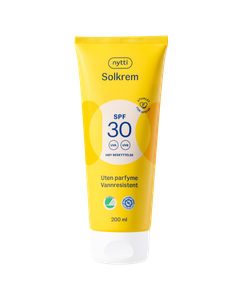 Nytti Solkrem SPF30 200 ml Solkrem fra Nytti med SPF30. Vannresistent, dermatologisk testet og uten parfyme. Svanemerket. Høy UVA og UVB beskyttelse. Allergisertifisert  Kr 199,90