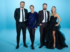 Kvartetten som leder «VM-showet – live fra Trondheim» på TV 2. Petter Northug, Helene Olafsen, Marius Skjelbæk og Tiril Eckhoff. Foto: Oslo Company