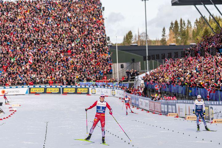 Johannes Høsflot Klæbo under ski-VM i Trondheim. Kommende VM i Falun skal sendes på TV 2, mens NRK skal sende både alpint-VM i Crans-Montana og VM i Narvik i 2029. Foto: Daniel Sannum Lauten/ TV 2