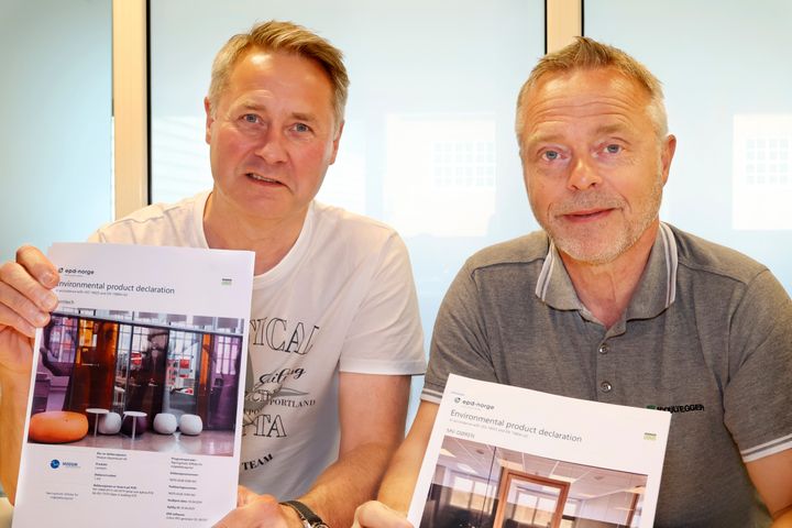 Henning Austad og Rune Likværn representerer pilotbedriftene Modum Glassindustri AS og Modulvegger AS, som har bidratt i utviklingen av en EPD-generator for glass- og fasadebransjen.