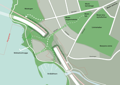 Alternativ 1: På Ringsakersiden er det i alternativ 1 foreslått et kulvertlokk over E6. Lokket vil kunne bli et fremtidig friområde med forbindelser både til Mjøsa og til Moelv sentrum. Retning nord