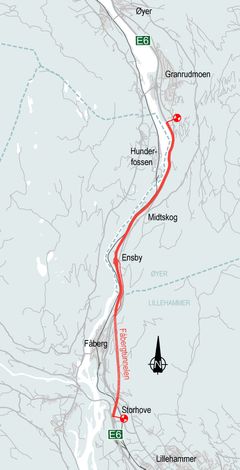 Kart for ny E6 mellom Lillehammer  og Øyer.
