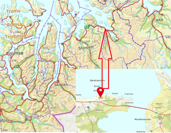 Punktet viser ca hvor LNS sin anleggsrigg i Sørstraumen i Kvænangen kommuner, er lokalisert.