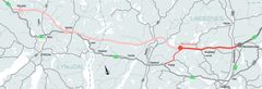 Den tykke røde streken viser strekningen fra Mandalskrysset til Blørstad.