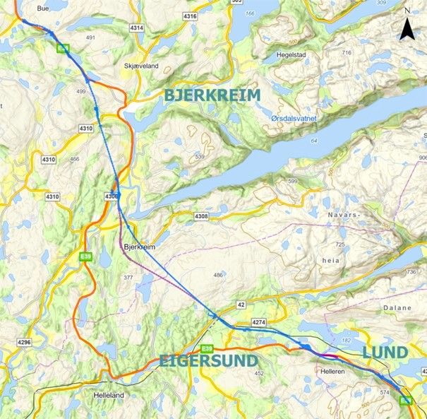 Kartet viser korridor Nye Veier foreslår utredes i planprogram for bygging av ny E39 mellom Bilstad og Bue i Rogaland.