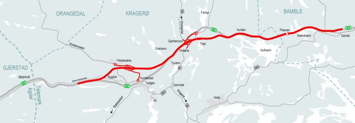 Kartillustrasjon reguleringsplan E18 Kragerø - Bamble