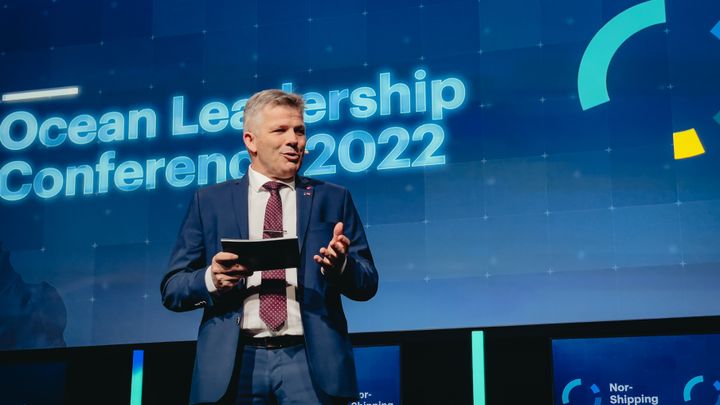 Fiskeri- og havminister Bjørnar Skjæran opna Nor-Shipping 2022.