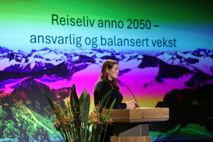 Næringsminister Cecilie Myrseth under reiselivskonferansen i Regjeringskvartalet 5. mai