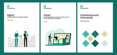 Illustrasjon med forsidene til de tre kunnskapsrapportene Utsikt, Signal og Risikobilde