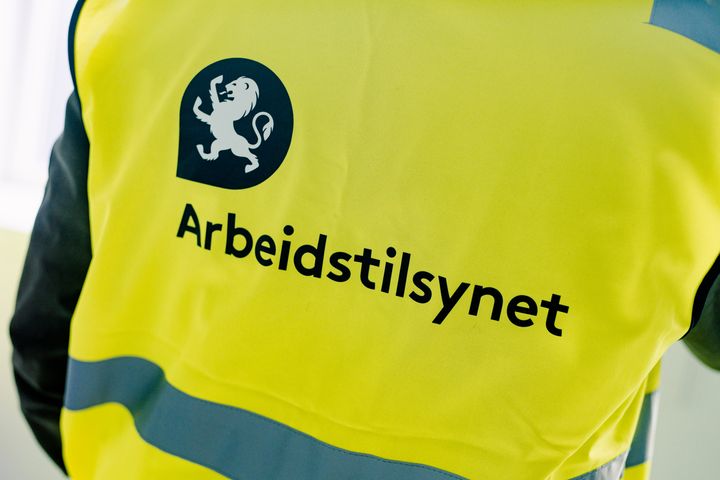 Bildet viser ryggen til en person som har på gul vest med påskriften "Arbeidstilsynet".