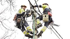 Bildet viser to personer i en høyspentmast.