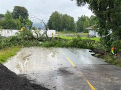 Flere fylkesveier har vært stengt og ødelagt etter ekstremværet i Viken fylkeskommune. Bildet er fra fylkesvei 245 ved Jevnaker 15. august.
