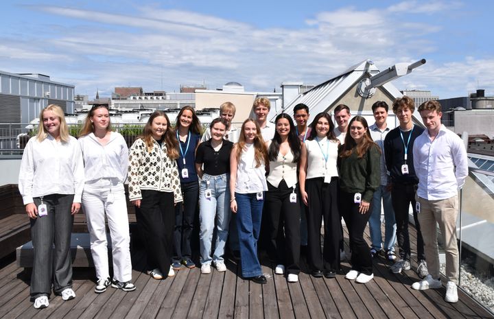 Årets sommerstudenter samlet på takterassen i Computas’ lokaler i Akersgata i Oslo.