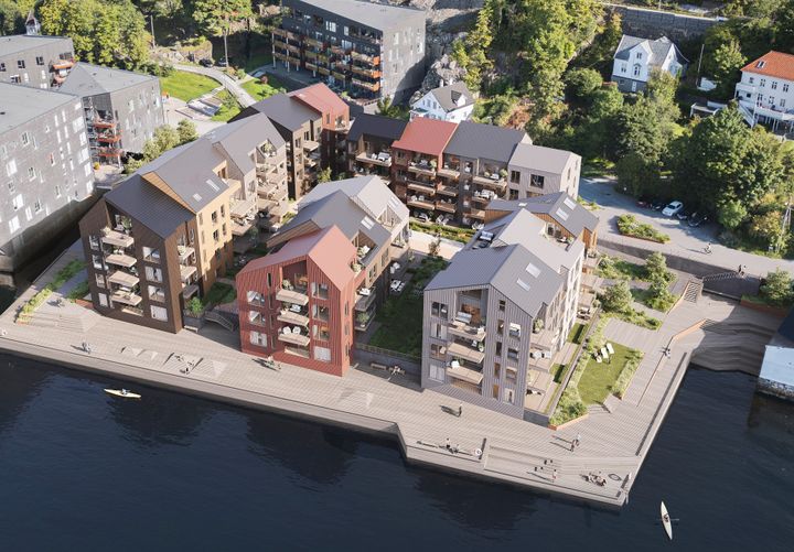 The project consists of five waterfront apartment buildings in Sandviken, Bergen, with storage space beneath two of them.