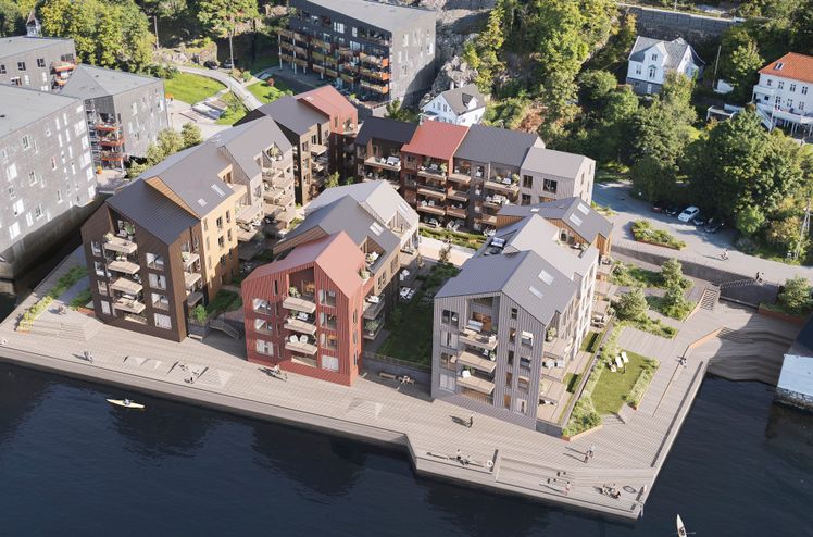 The project consists of five waterfront apartment buildings in Sandviken, Bergen, with storage space beneath two of them.