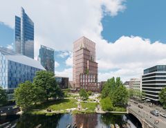 Lilletorget sett fra Nylandsbrua: Vaterlandsparken med ny adkomst til Akerselva og aktiviteter gjennom døgnet. (Illustrasjon: Henning Larsen/ Vivid visuals)