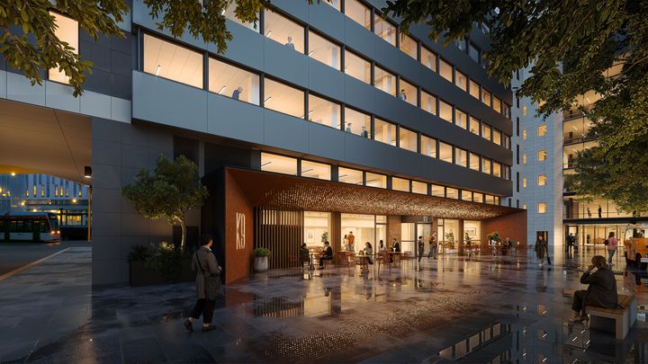Tides hovedkontor blir fra 2027 å finne i Kaigaten 9. Entra skal innen innflytting modernisere eiendommen, som nå blir et moderne flerbrukerbygg, tett på Bergens største kollektivknutepunkt. (3D-illustrasjon)