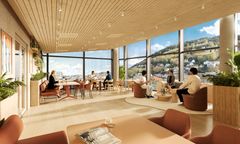 Utsikten fra personalrestauranten i 11. etasje blir upåklagelig når oppgraderingen er fullført i 2027. (3D-illustrasjon)