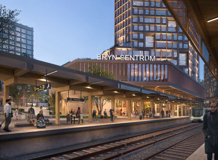 Brynseng t-banestasjon ligger integrert i planområdet. Illustrasjon: Grape Architects/Visulent