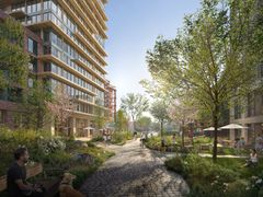 En grønn korridor planlegges fra t-banestasjonen og gjennom planområdet. Illustrasjon: Grape Architects/Visulent