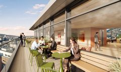 Personalrestaurant og takterrasse i 9. etasje med unik utsikt over byen. Illustrasjon: Goldbox