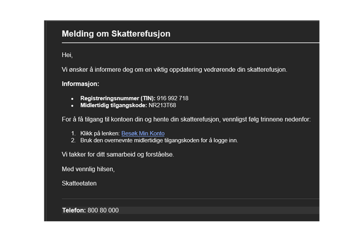 Illustrasjon som viser skjermbildet i svindelforsøket.