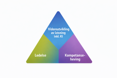 Kontinuerlig forbedring lykkes best når videreutvikling av systemet, målrettet opplæring og tydelig ledelsesforankring av arbeidsflyt og oppgavefordeling skjer samtidig. Her illustrert i trekanten som er blitt selve arbeidsmetodikken i programmet.