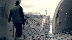Pall med norsk laks fra innsiden av et fraktfly.
