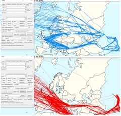 Blå linjer viser Air Indias ruter over Norge i 2024, røde i 2025 etter tap av pakistansk luftrom. Endringen koster Norge rundt 50 millioner kroner årlig.