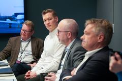 From the left: Kai Tore Rønold, Senior Project Leader, Simon Westhof, Contract Manager, Lars Vågsdal, CTO, Abraham Foss, CEO,  Anne Grethe Lindberg, Project Controller. All from Avinor. Photo: Avinor / Ylva Celius Trulsen.